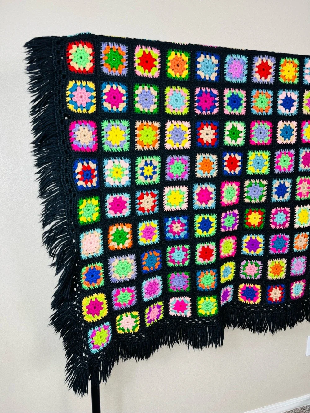 Vintage Granny square blanket black multicolor wool tight weave fringe trim EUC